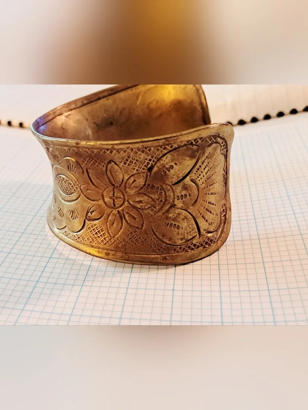 Gold Floral Engraved Wide Wrist Cuff Bracelet